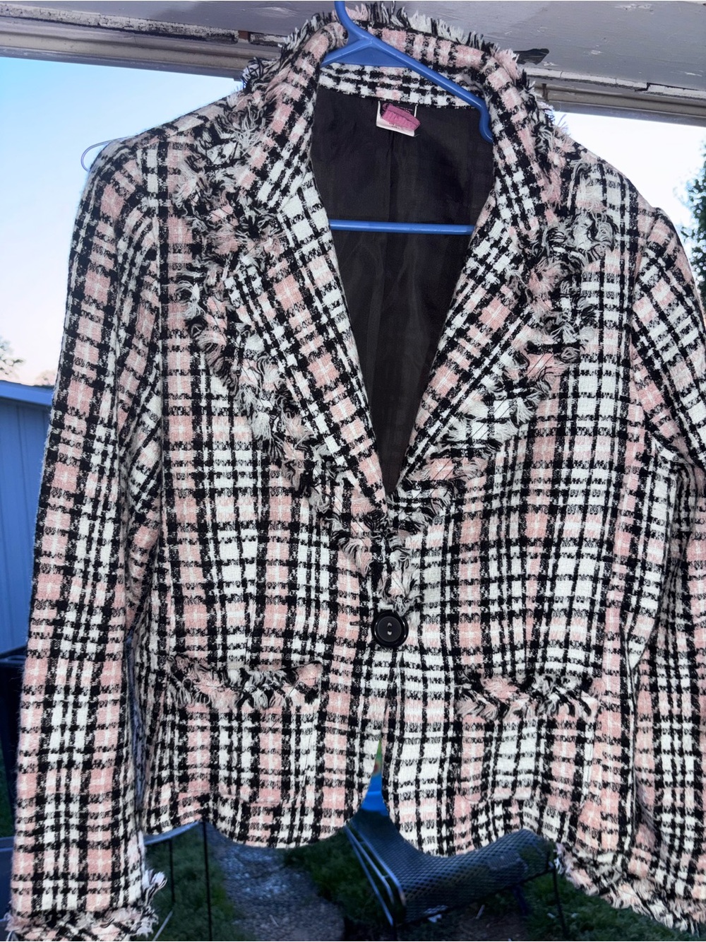 Fringed Pink Plaid Tweed Blazer Jacket
